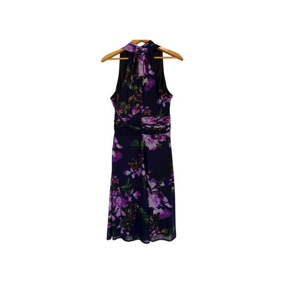 Evan Picone Floral Halter Dress Purple Midi Ruched Sleeveless Party Cocktail - Picture 1 of 7